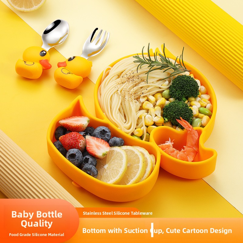 Baby Food Apron - 노란 오리 실리콘 스테인레스 스틸 어린이