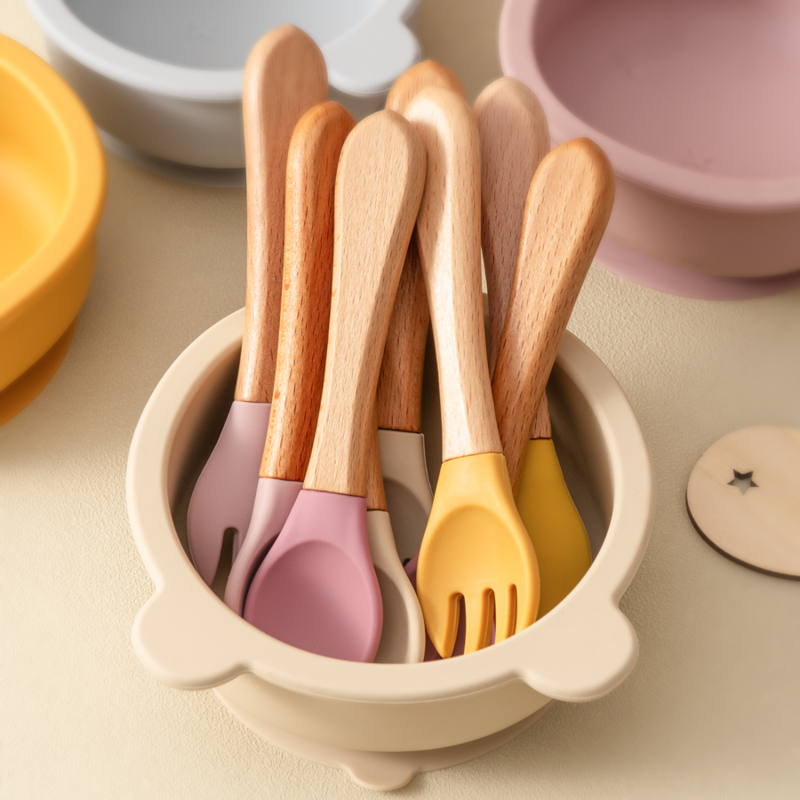 Baby Food Utensil - Mamaplan 실리콘 아기 숟가락 포크 나무